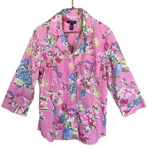 Chaps Pink Floral Button Down Pajama Top Large